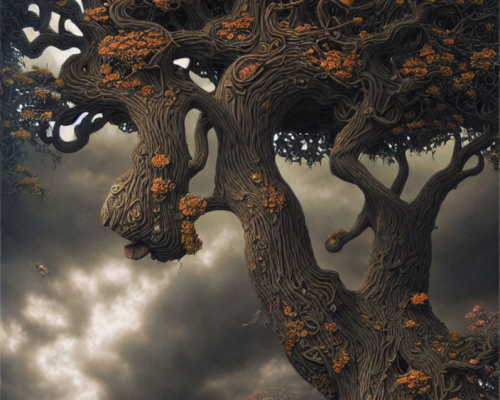 Mystical artwork: Twisted tree with human-like face, orange blossoms, brooding sky