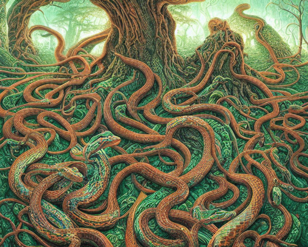 Intricate forest scene with intertwining snakes and tree roots