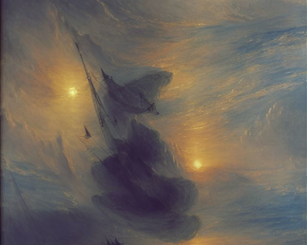 Surreal painting of ships sailing in golden sky