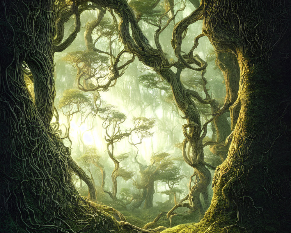 Mystical forest scene with twisted trees and warm light