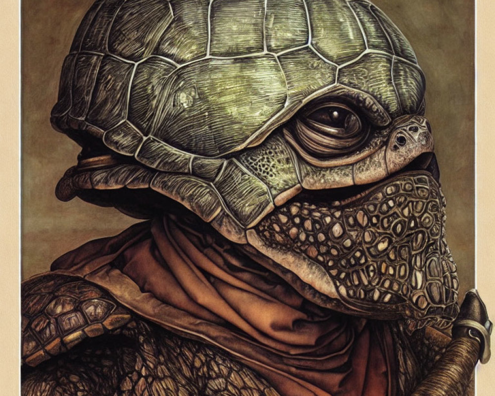 Detailed humanoid turtle illustration with shell head and staff, draped in cloth