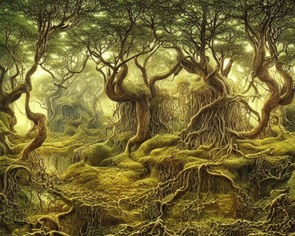 Mystical forest with gnarled trees and lush green moss