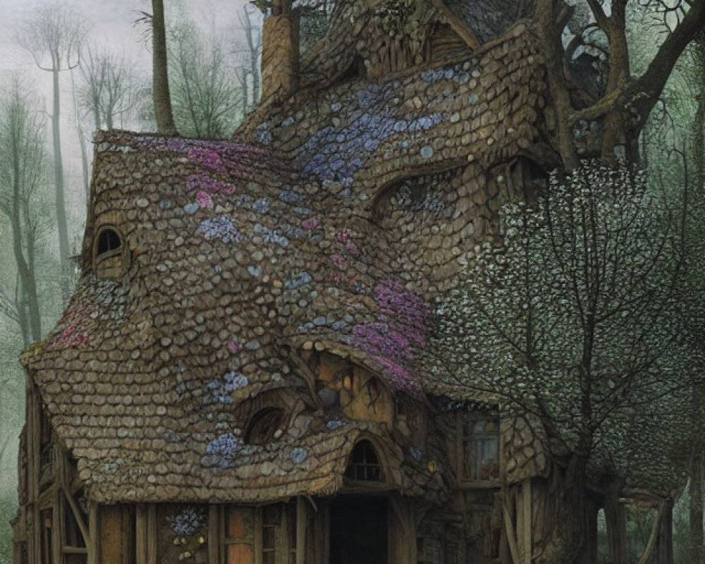 Stone cottage with mossy roof and purple flowers in misty forest