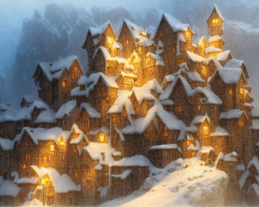 Spacious wooden mountain complex in snow at dusk