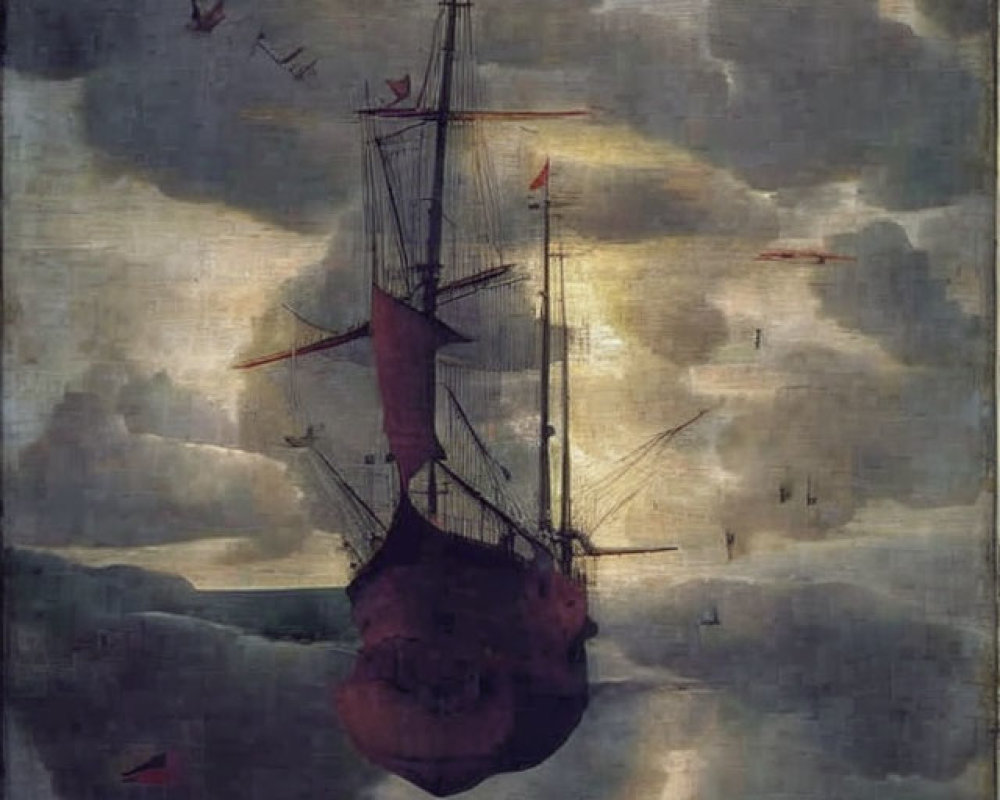 Surrealist painting featuring ships with inverted hulls in stormy sky
