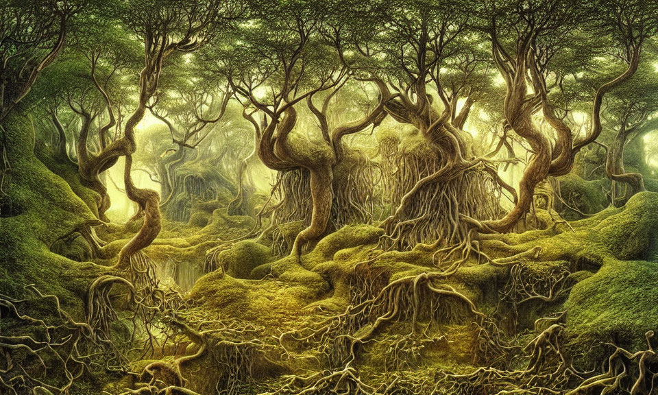 Mystical forest with gnarled trees and lush green moss