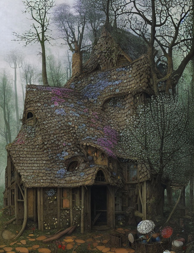 Stone cottage with mossy roof and purple flowers in misty forest