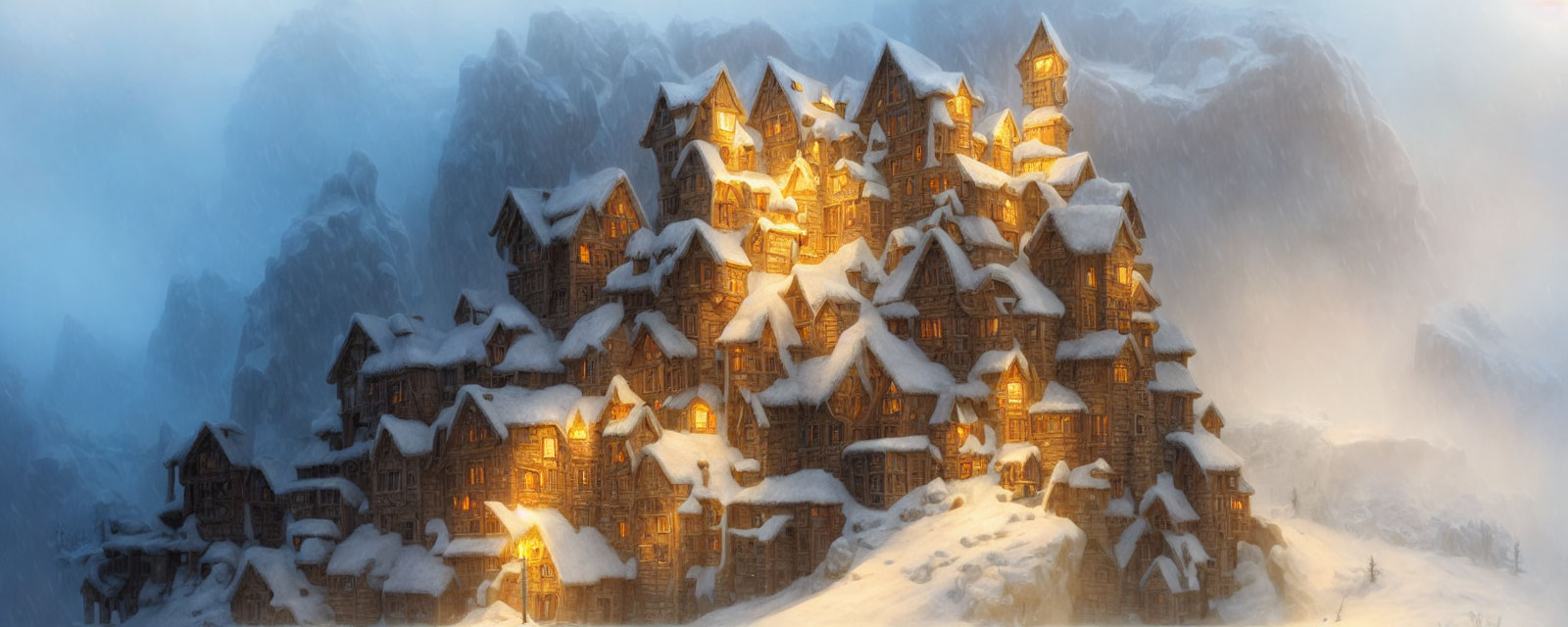 Spacious wooden mountain complex in snow at dusk