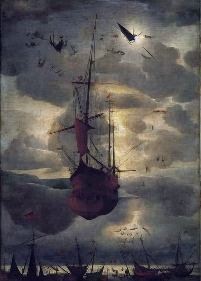 Surrealist painting featuring ships with inverted hulls in stormy sky