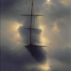 Surrealist painting featuring ships with inverted hulls in stormy sky