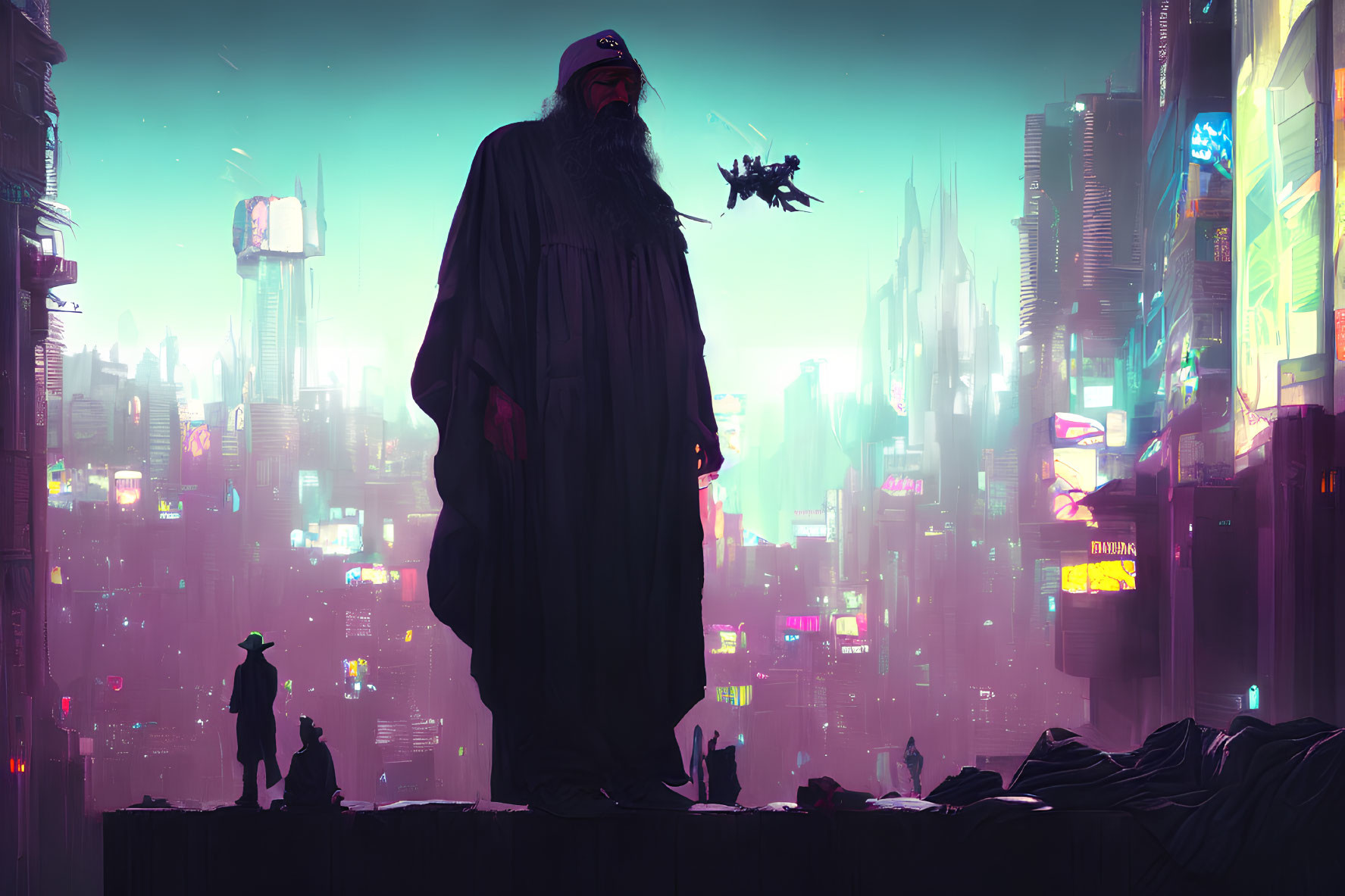 Robed Figure with Long Beard in Futuristic Cityscape