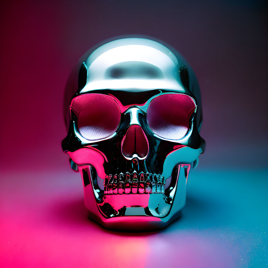 Shiny metallic skull with sunglasses on pink and blue gradient background