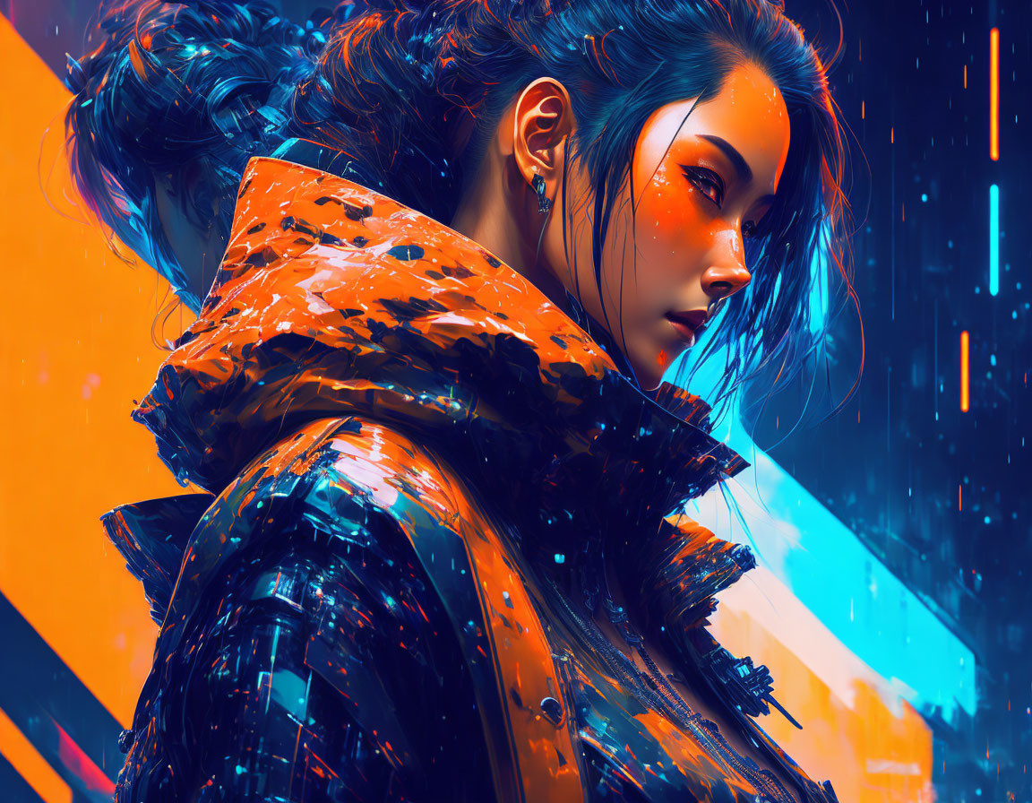 Futuristic digital artwork of woman in detailed jacket against neon-lit background