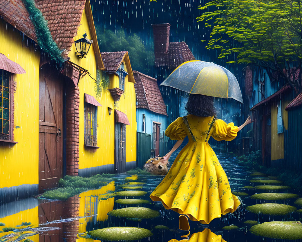 Girl in Yellow Raincoat Walks with Teddy Bear in Rainy Village