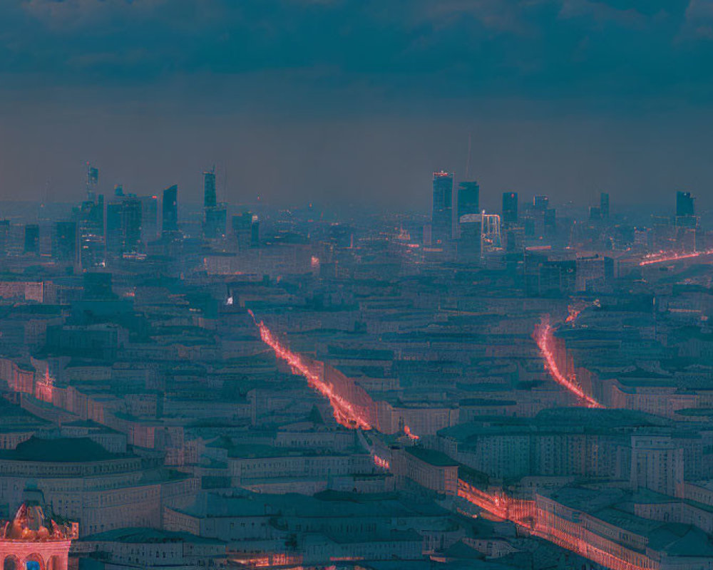 Cityscape at Twilight: Panoramic View of Illuminated Streets and Buildings