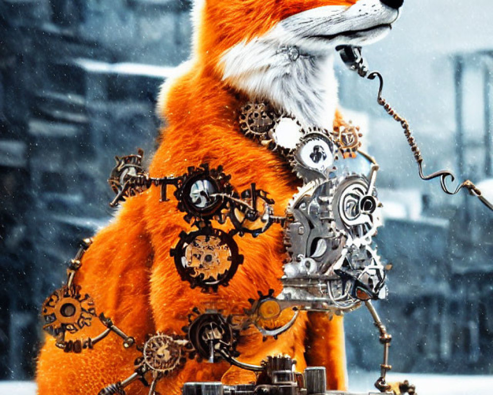 Mechanical Fox Artwork with Gears and Snowy Background