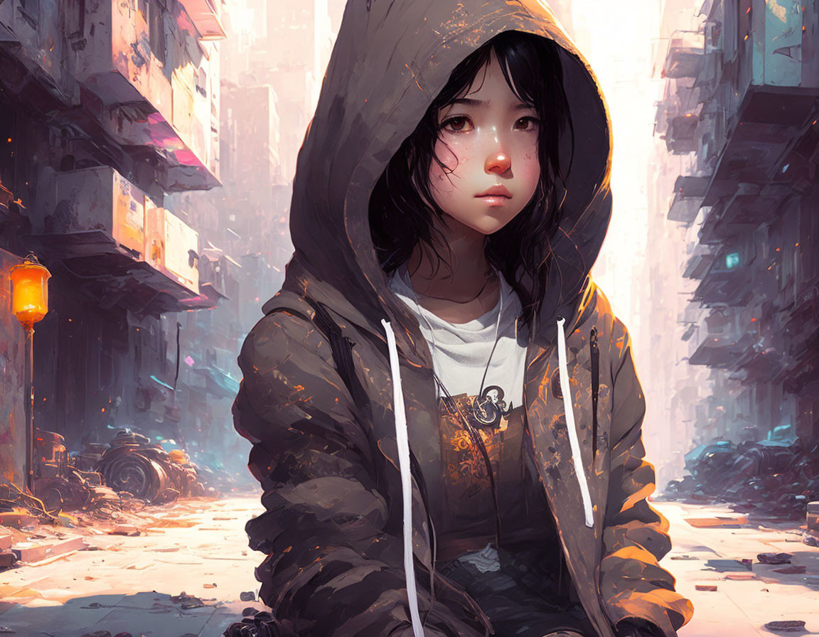 Young girl in hoodie in dystopian city setting with dilapidated buildings and glowing streetlamp