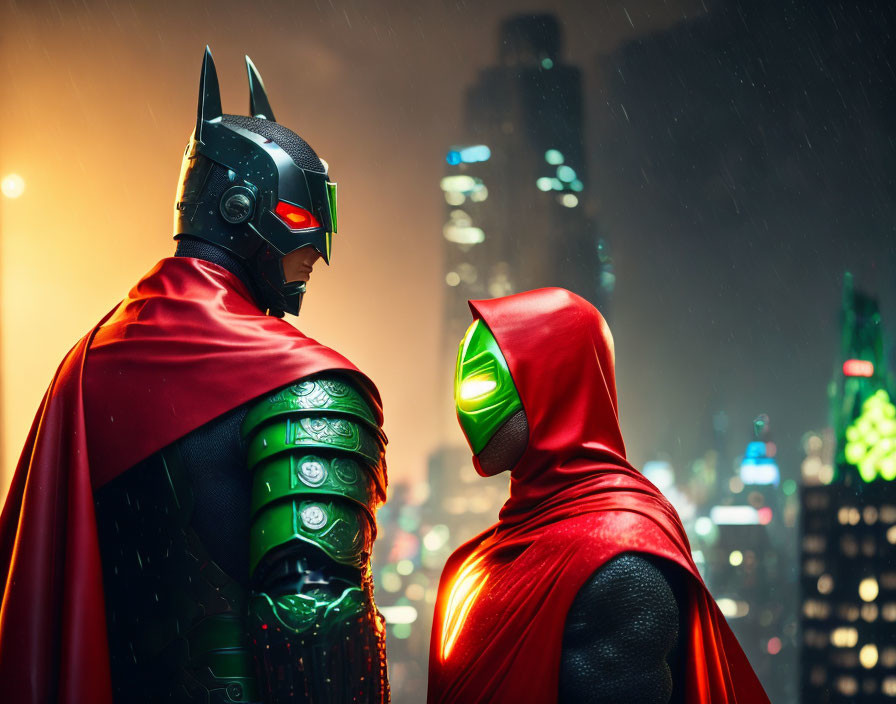 Futuristic superhero costumes facing off in rainy cityscape