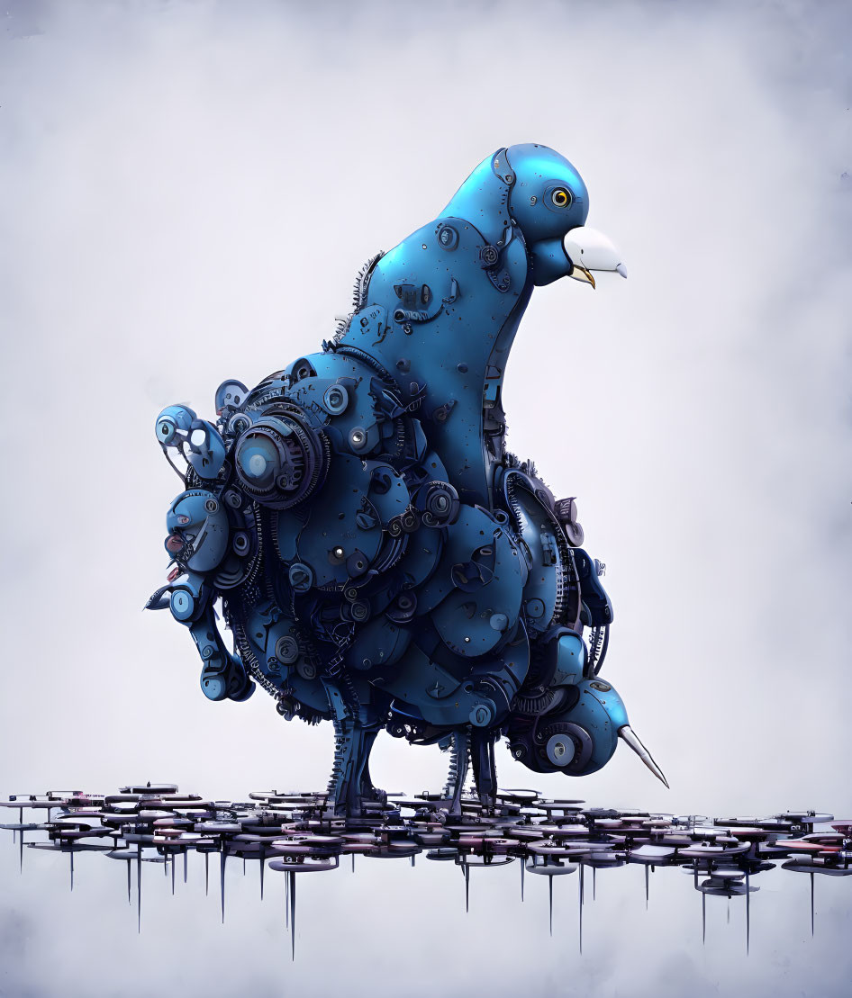 Intricate Blue Robotic Pigeon on Grey Background