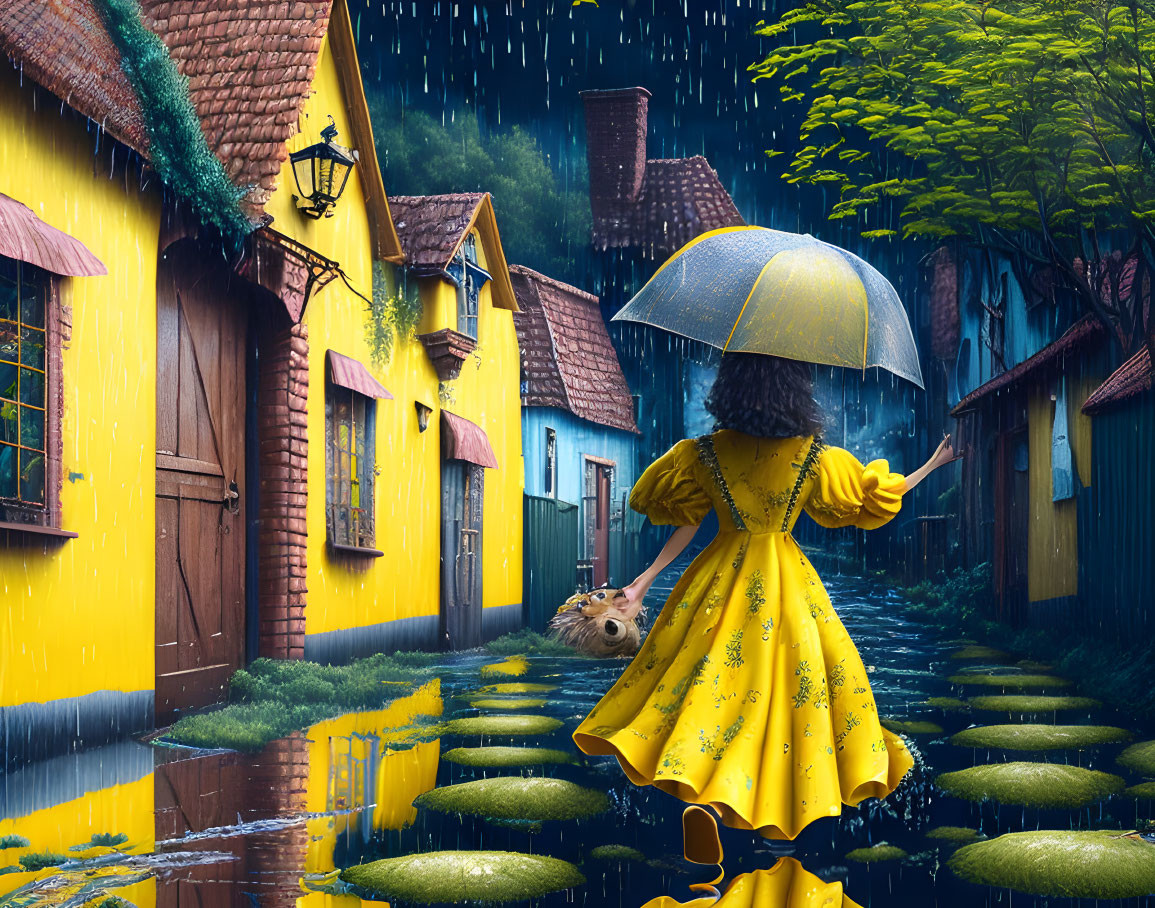 Girl in Yellow Raincoat Walks with Teddy Bear in Rainy Village