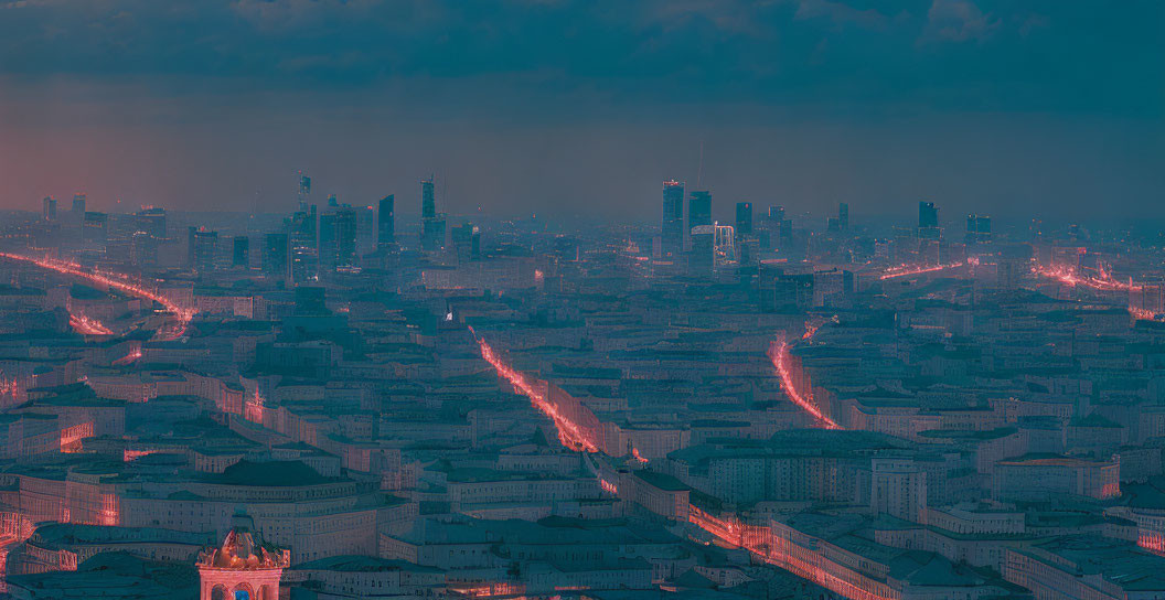 Cityscape at Twilight: Panoramic View of Illuminated Streets and Buildings