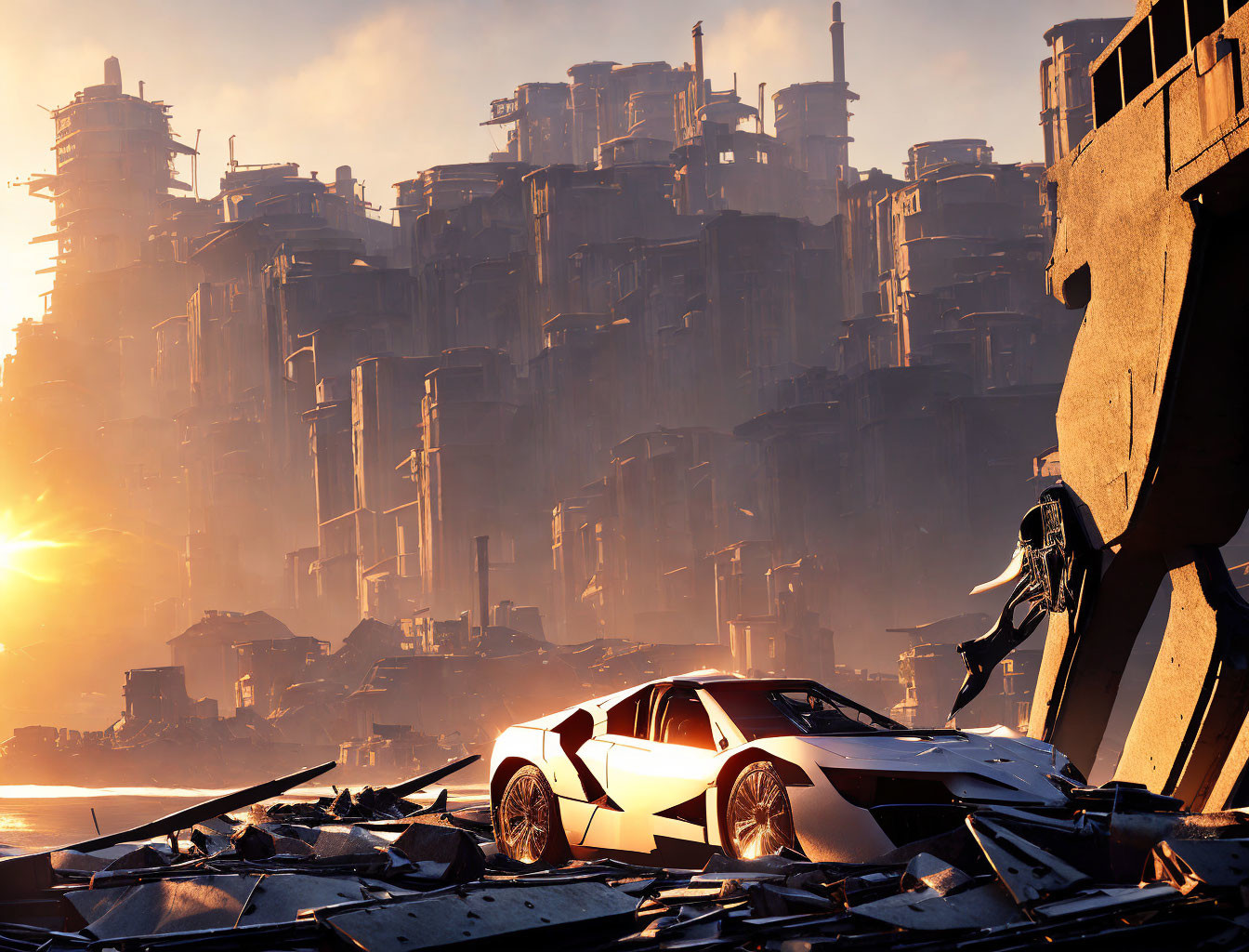 Futuristic white sports car in ruined cityscape at sunset