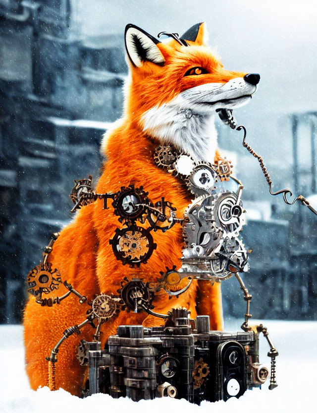 Mechanical Fox Artwork with Gears and Snowy Background