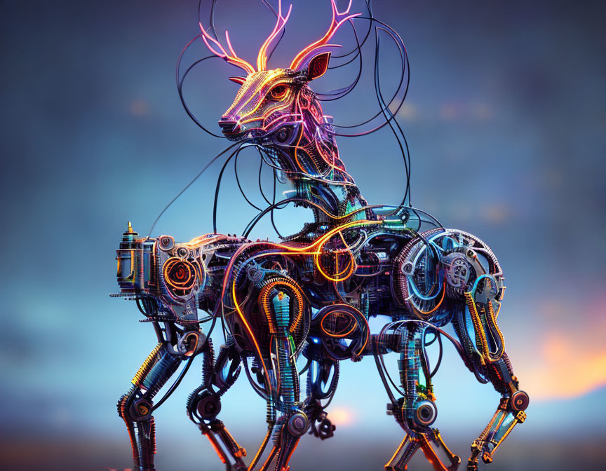 Colorful Mechanical Deer with Neon Lights on Dusk Sky Background