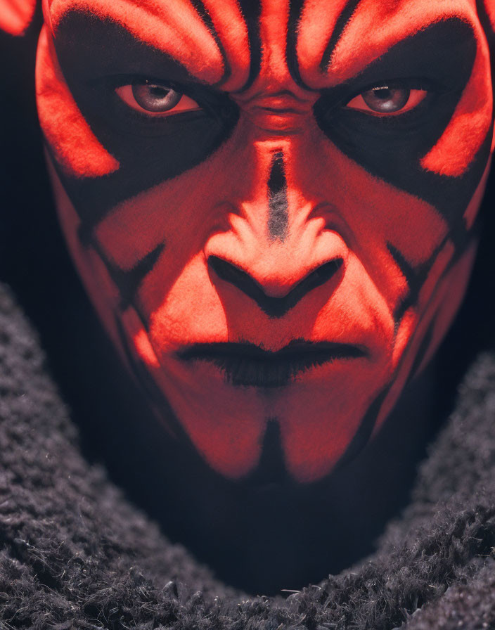 Intense red and black face paint on person with striking eyes