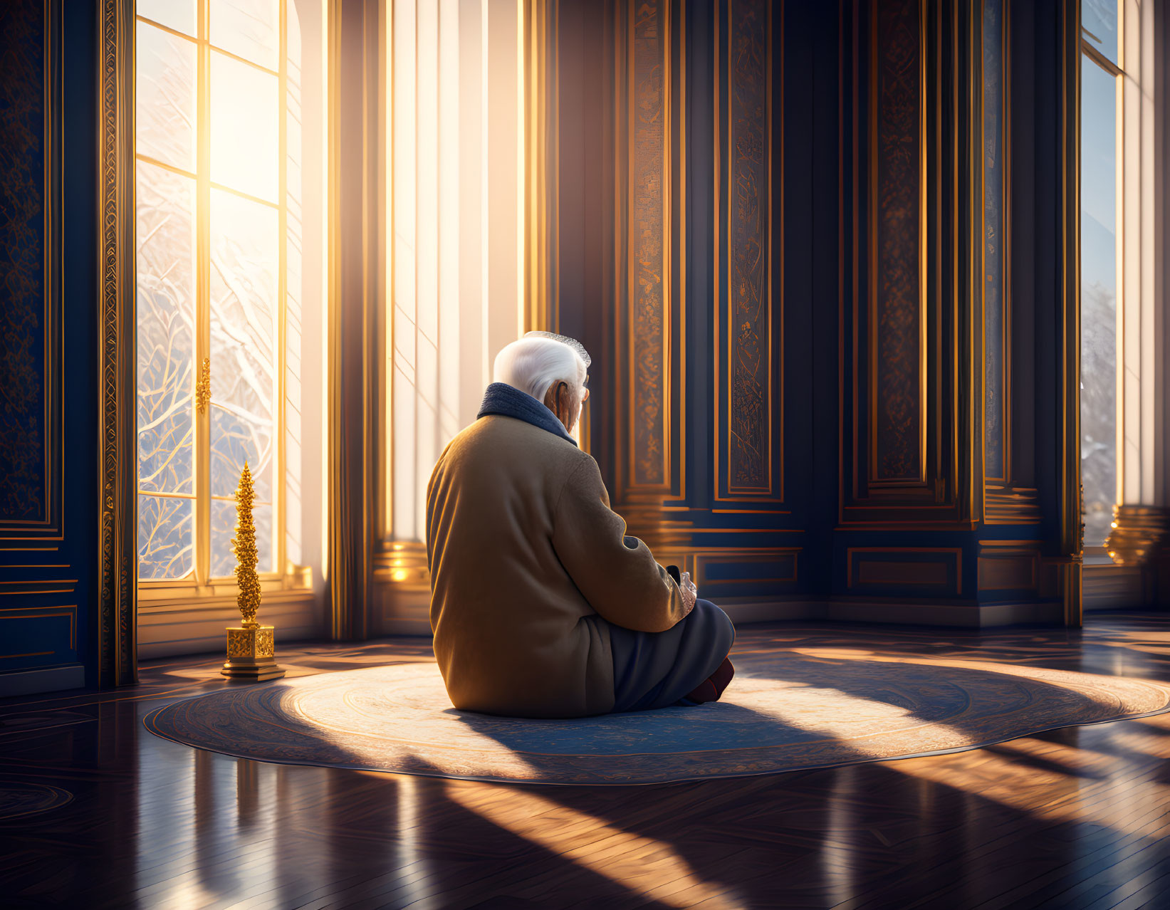 Elderly man kneeling on patterned carpet in sunlit room