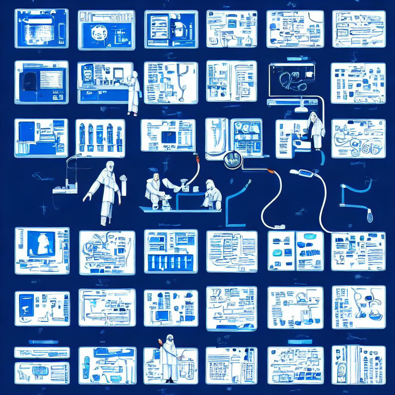 Blue and white medical infographics, charts, and illustrations with doctors, patients, and healthcare symbols.