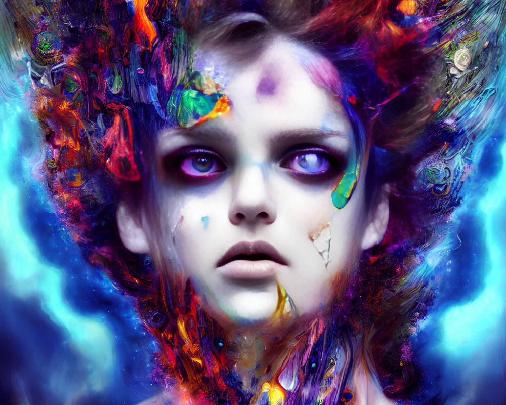 Colorful digital portrait with intense purple eyes and cosmic explosion vibes