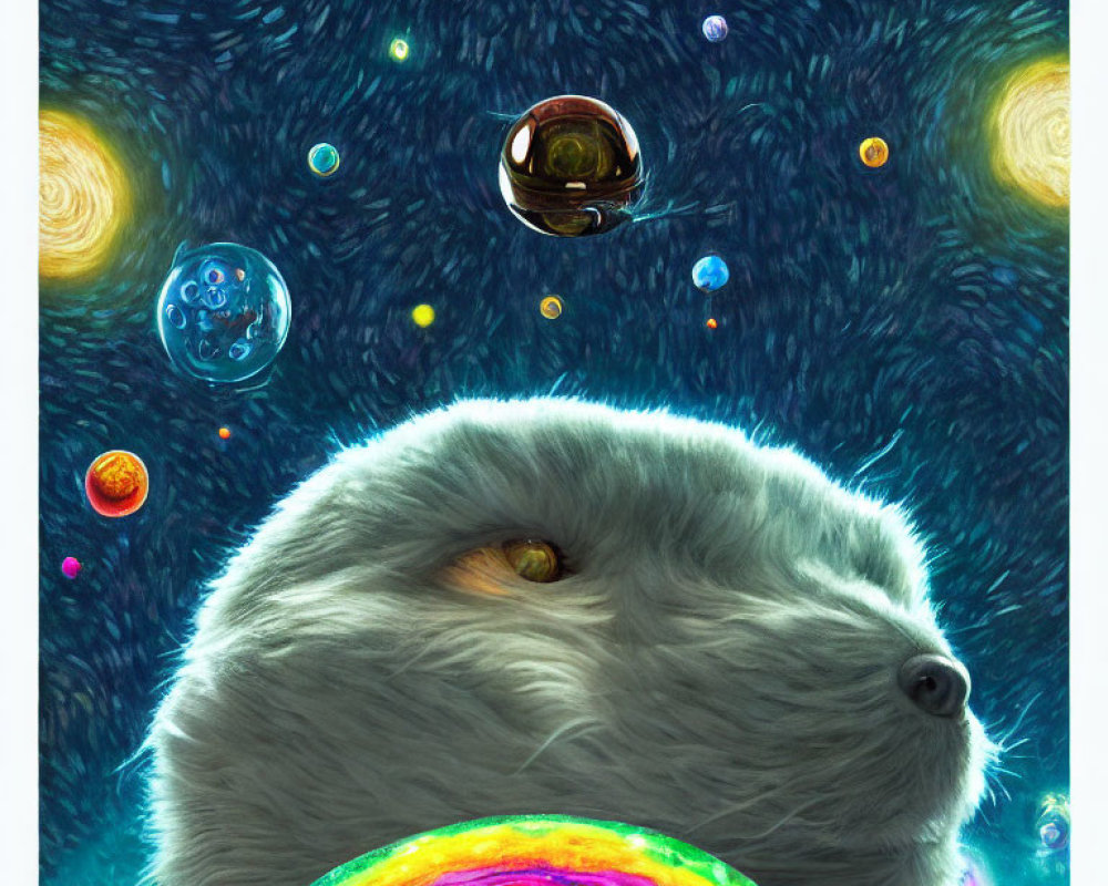 Colorful Cosmic Cat Artwork with Rainbow Bagel and Planets