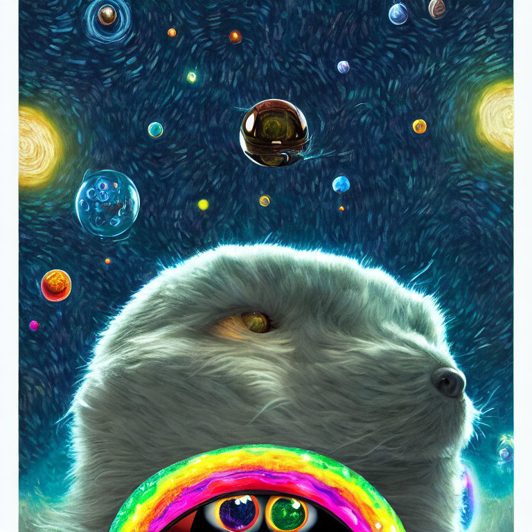 Colorful Cosmic Cat Artwork with Rainbow Bagel and Planets