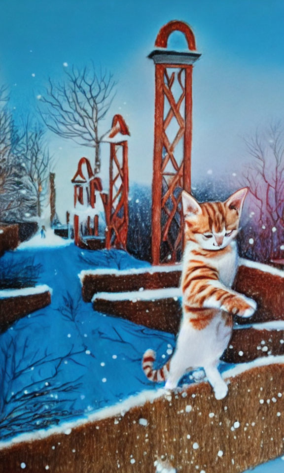 Orange Tabby Cat Walking on Snowy Park Path at Twilight