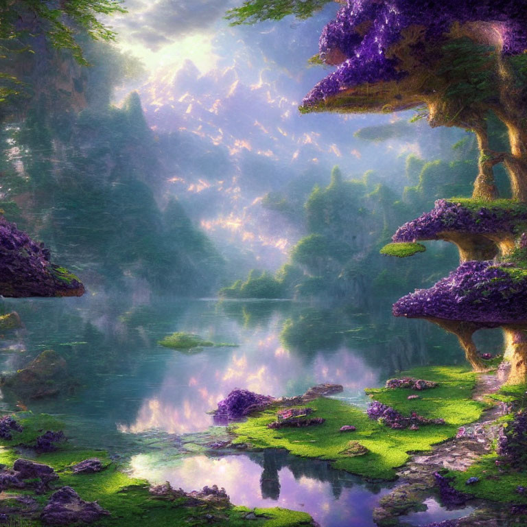 Fantasy landscape with purple foliage, tranquil water, and piercing light beams