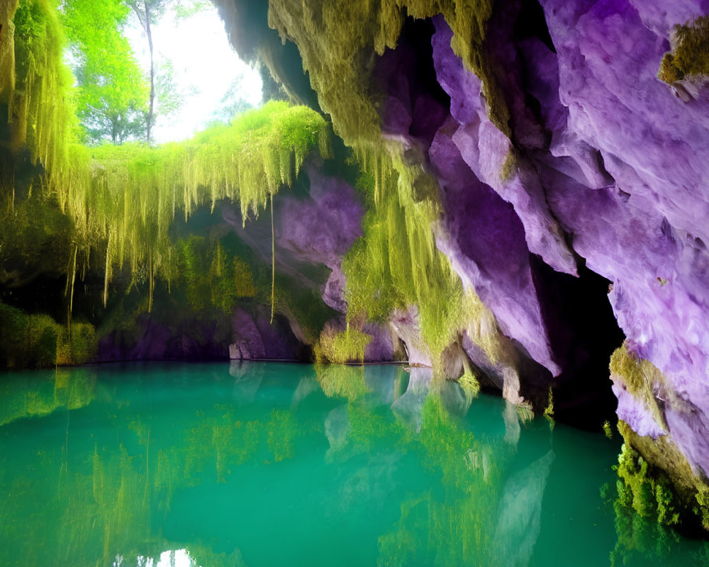 Mystical cave with lush greenery and emerald pool