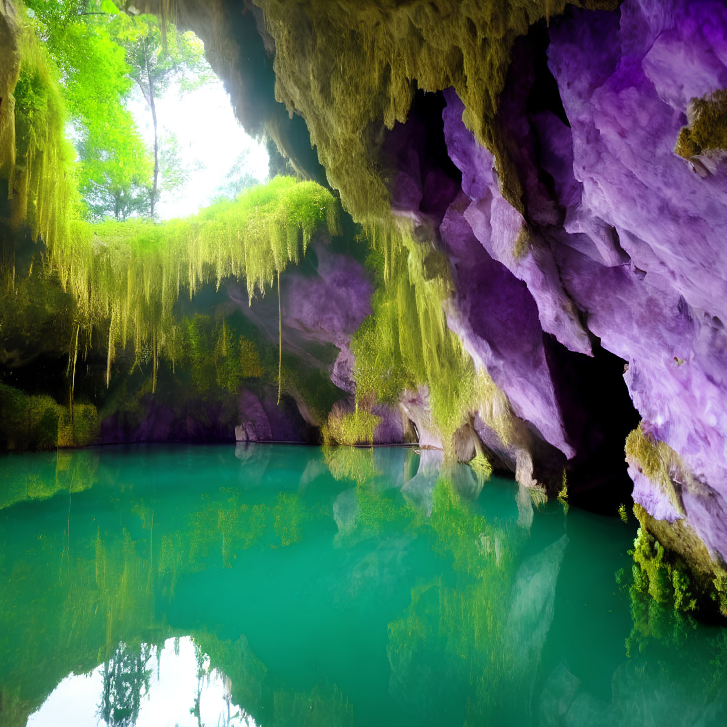 Mystical cave with lush greenery and emerald pool