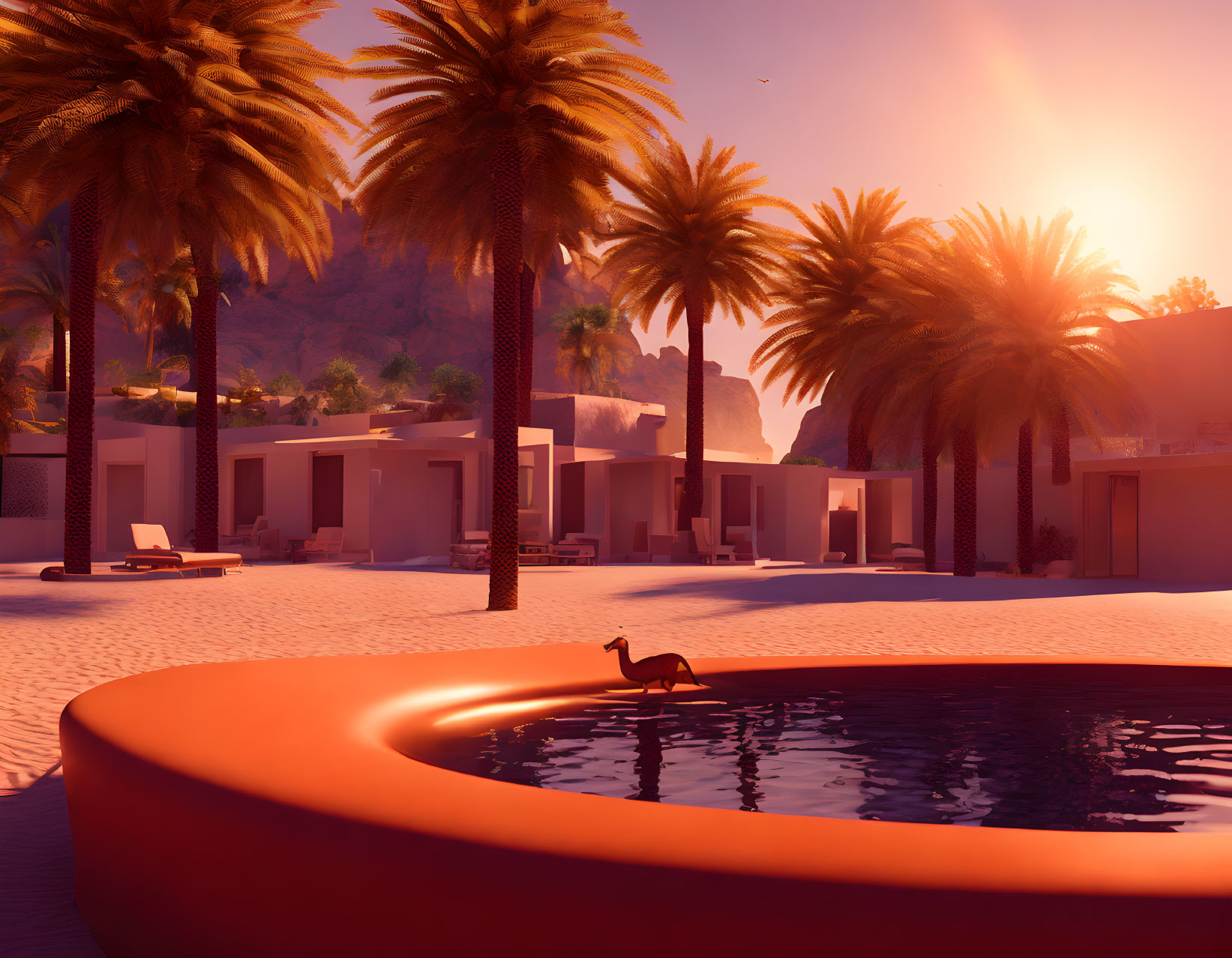 Sunset poolside scene with palm trees, duck ring, modern architecture, and mountain backdrop