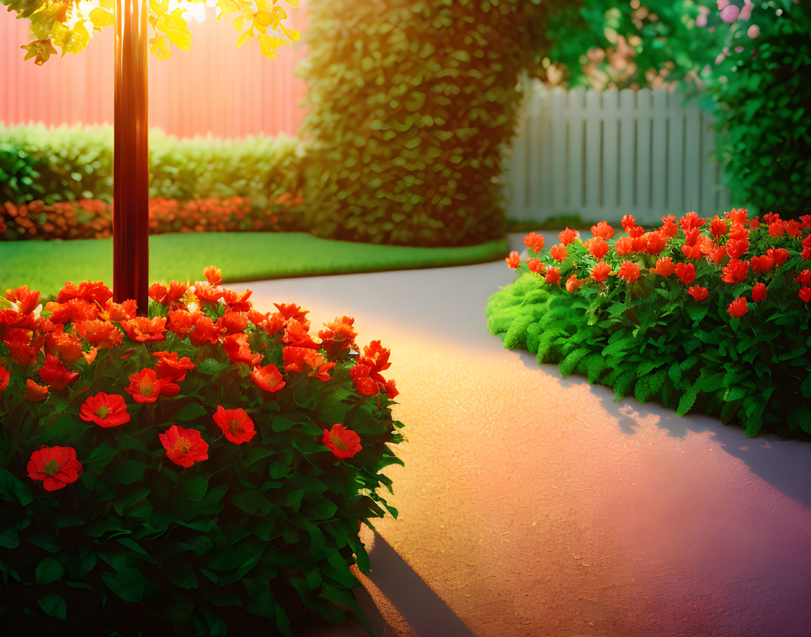 Lush garden path with red flowers and green bushes under sunlight and street lamp glow