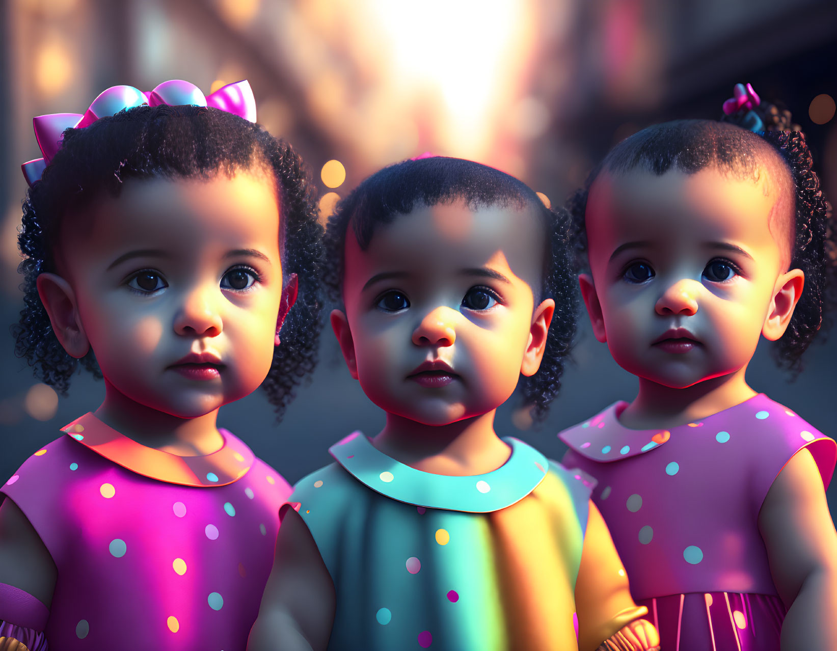 Three animated toddler girls in colorful polka dot dresses with curly hair on warm bokeh-lit background