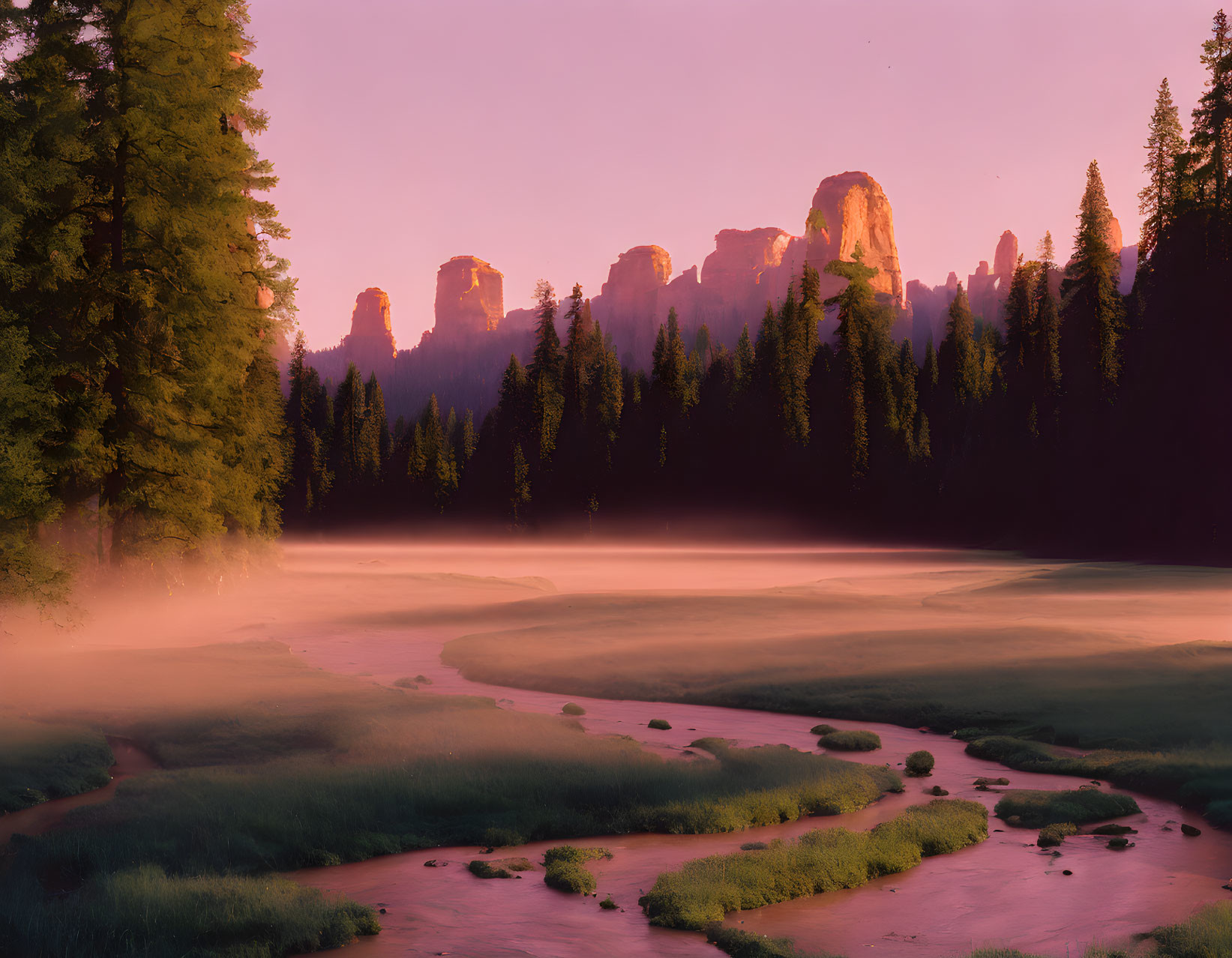 Tranquil forest sunrise with stream and rock formations in pink hues