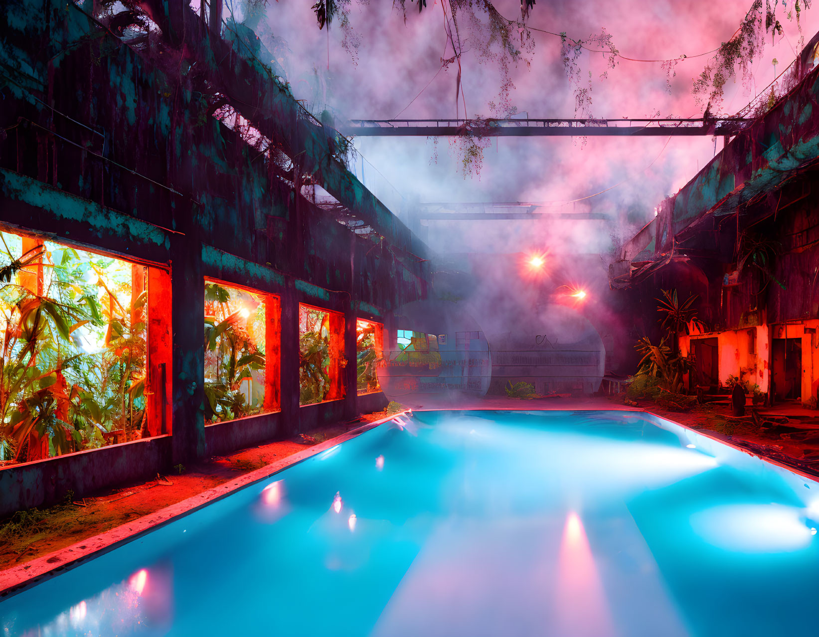 Overgrown indoor pool with blue light and vegetation reclaiming structure