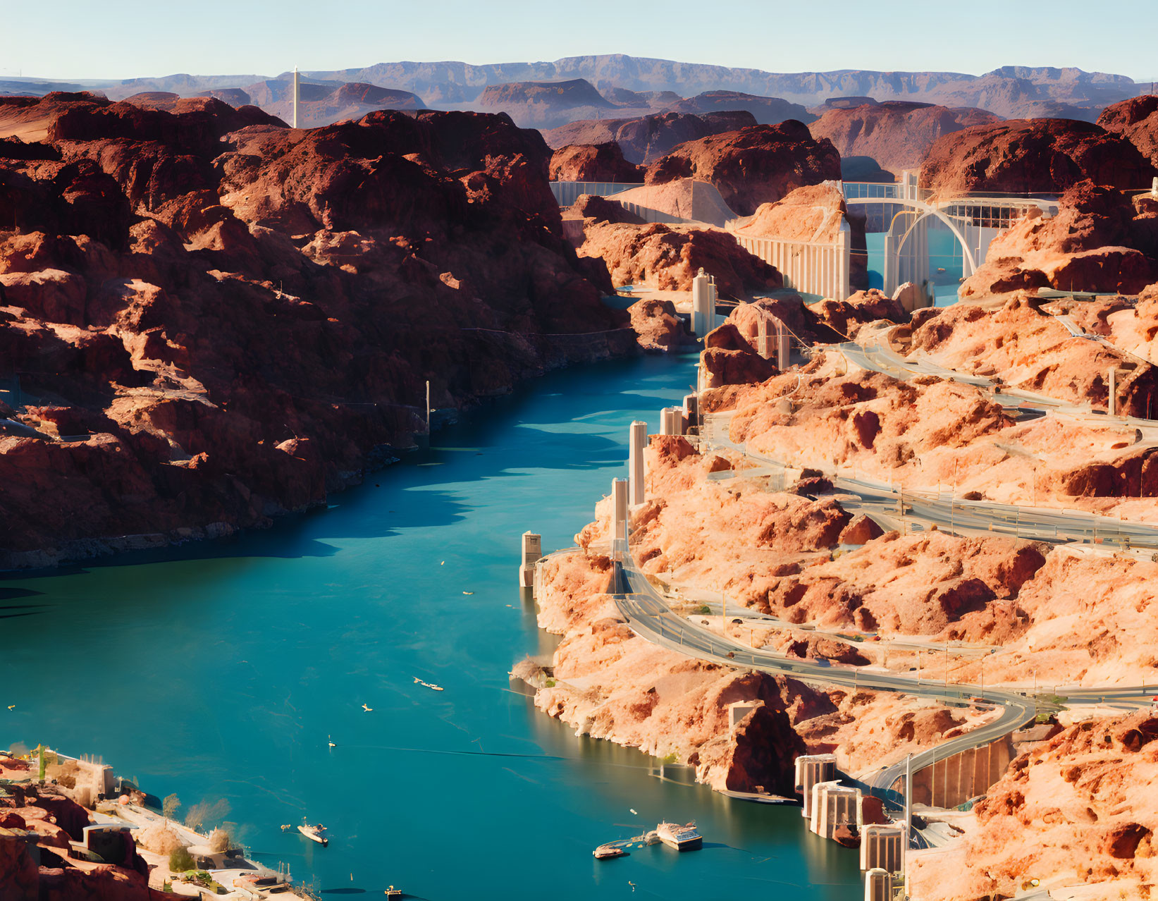 Blue river cutting through rocky canyon with bridge under clear sky