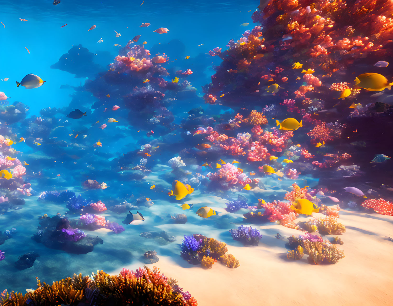 Colorful coral reefs and tropical fish in vibrant underwater scene