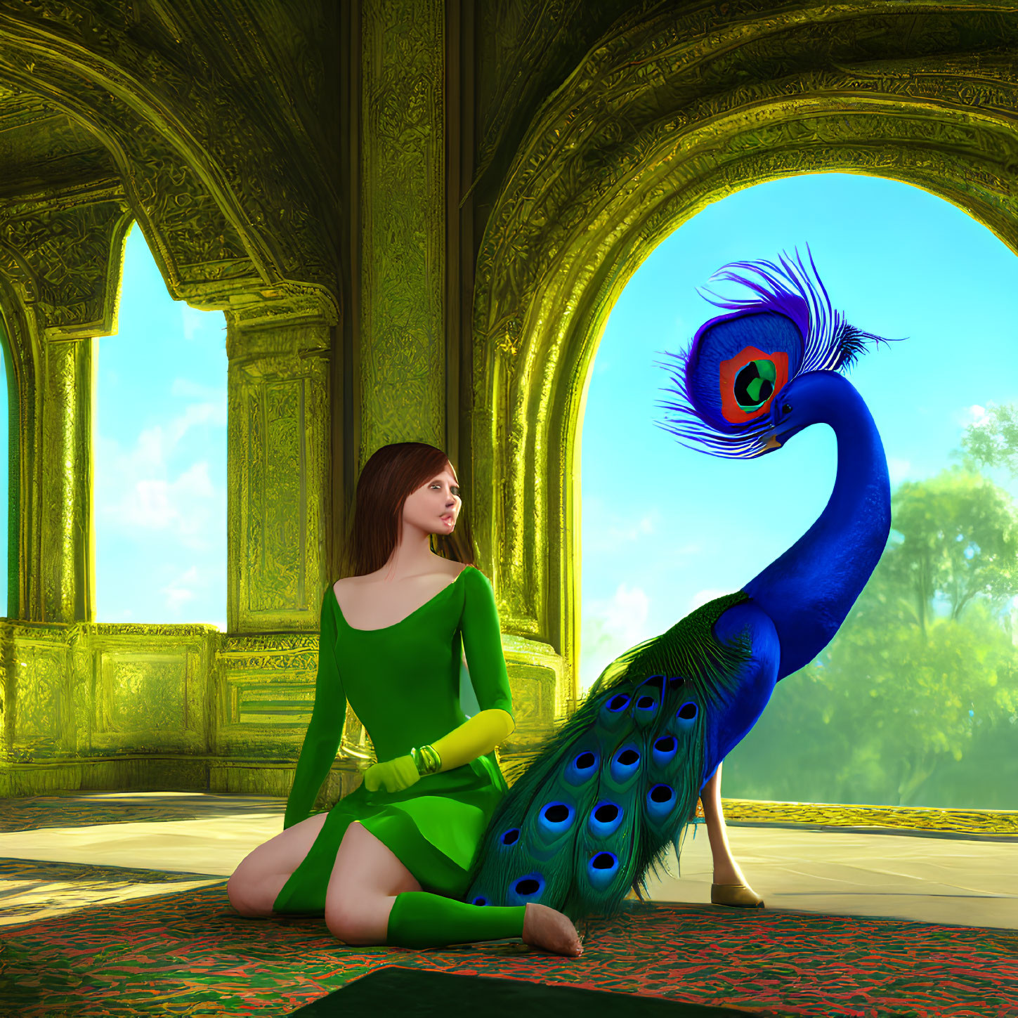 Woman in green dress with peacock in ornate archway under sunlight