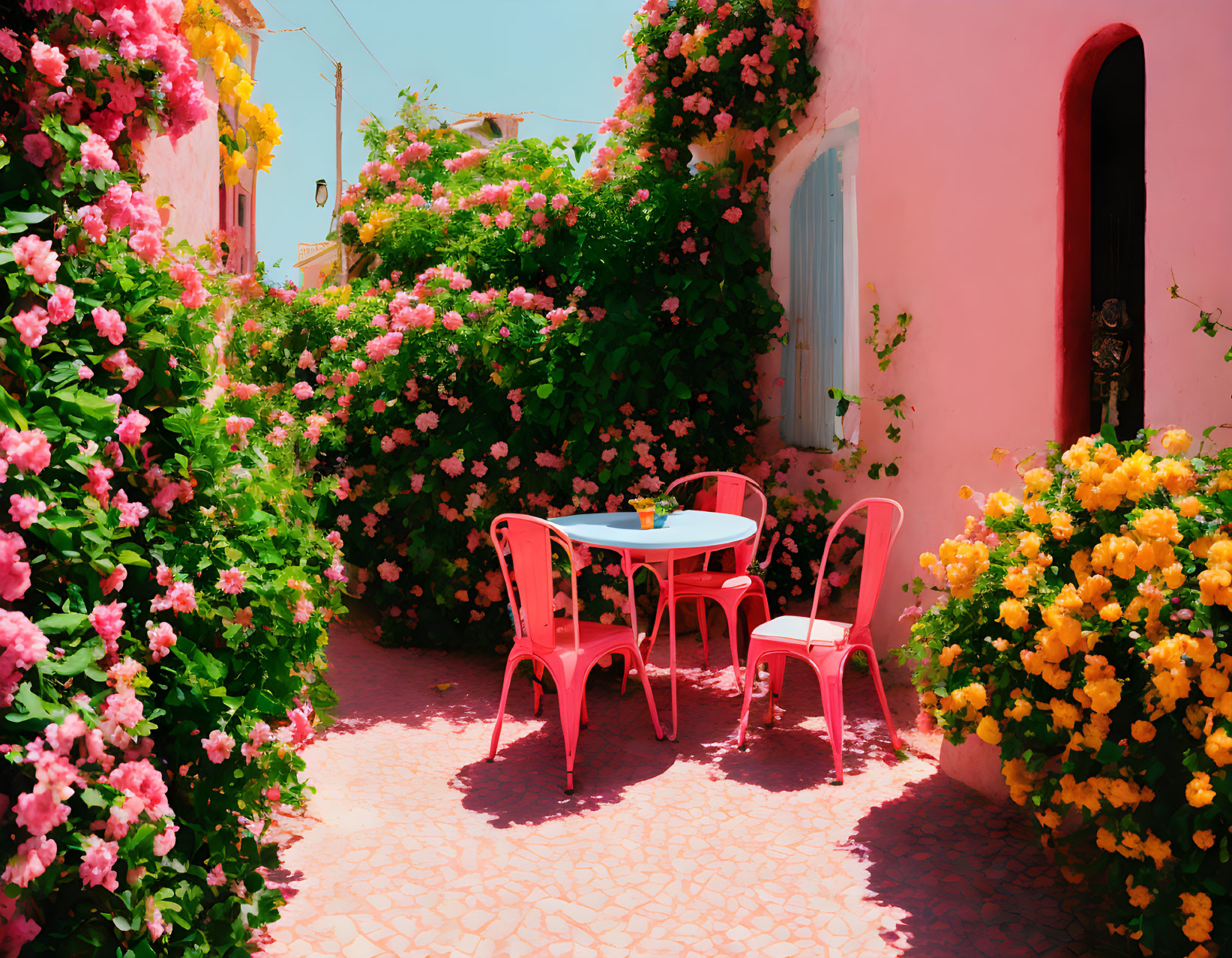 Pink-walled courtyard with lush plants and furniture in sunlight