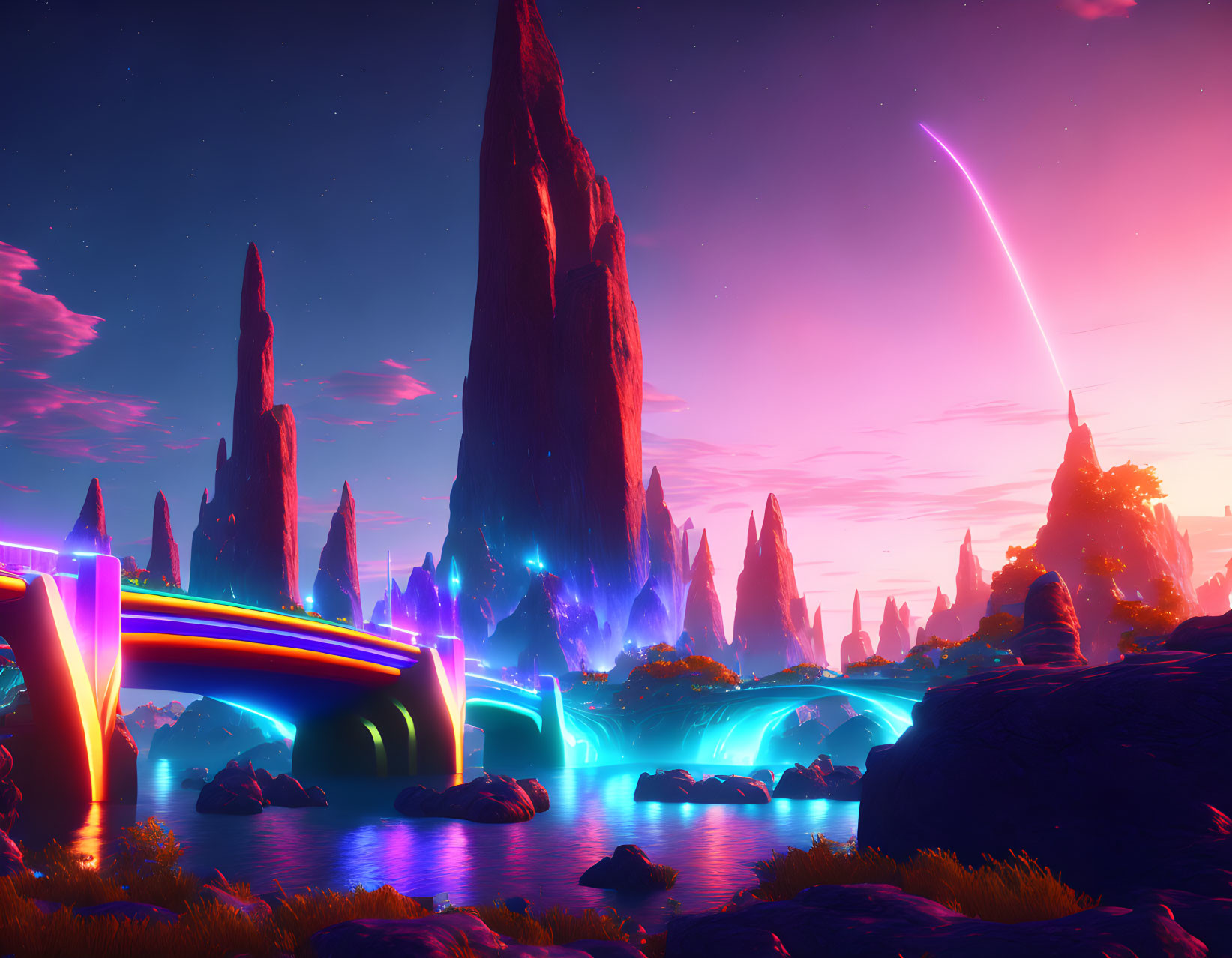 Colorful alien landscape with neon-lit structures and towering rock formations