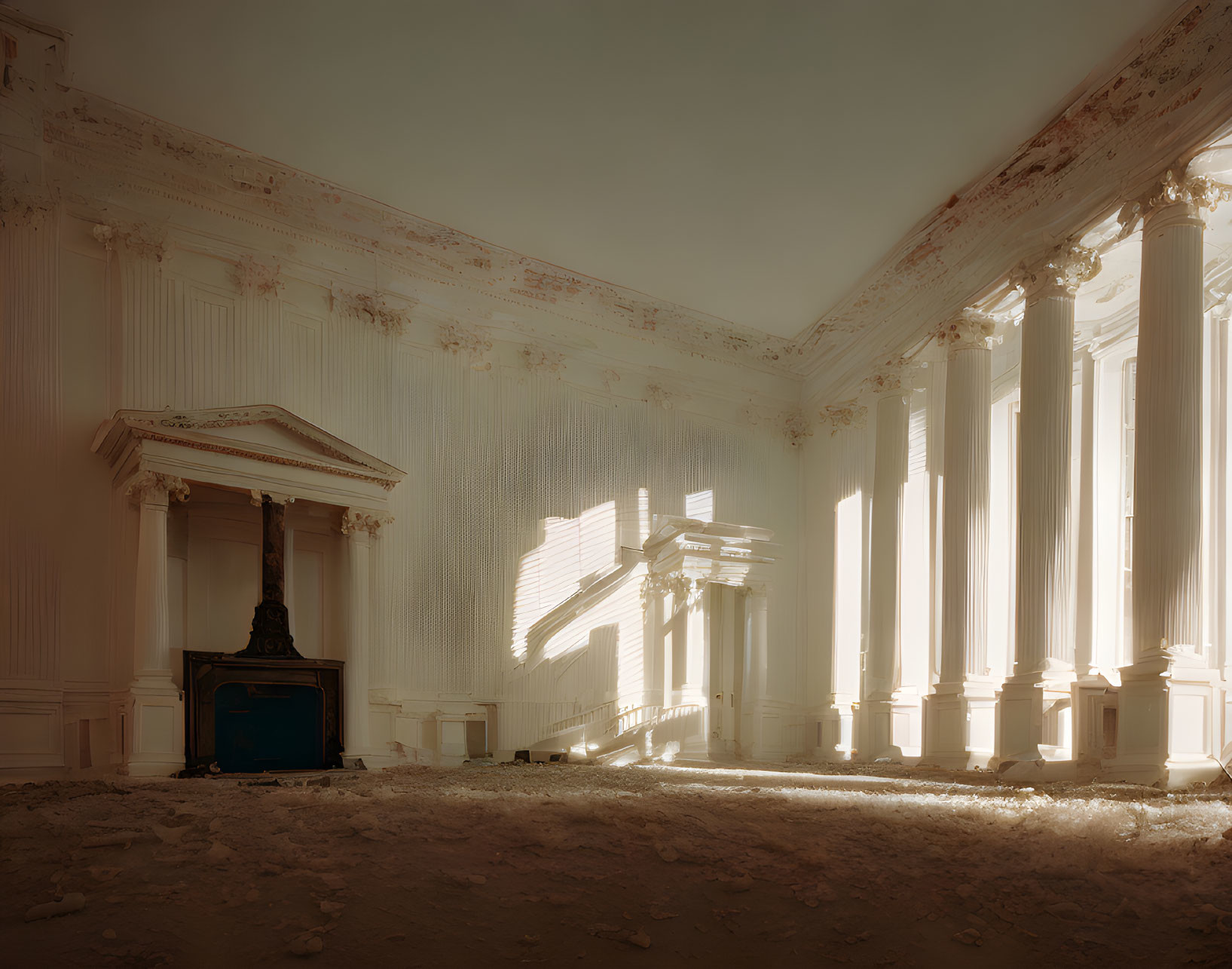 Surreal room with classical architecture and white fabric strips, illuminated by soft light