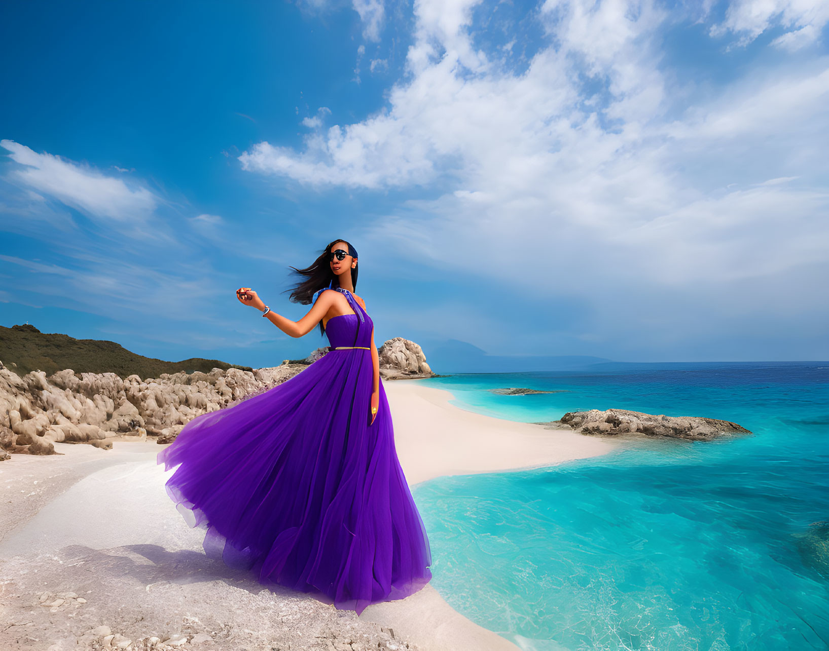 Woman in flowing purple dress by turquoise sea under blue sky